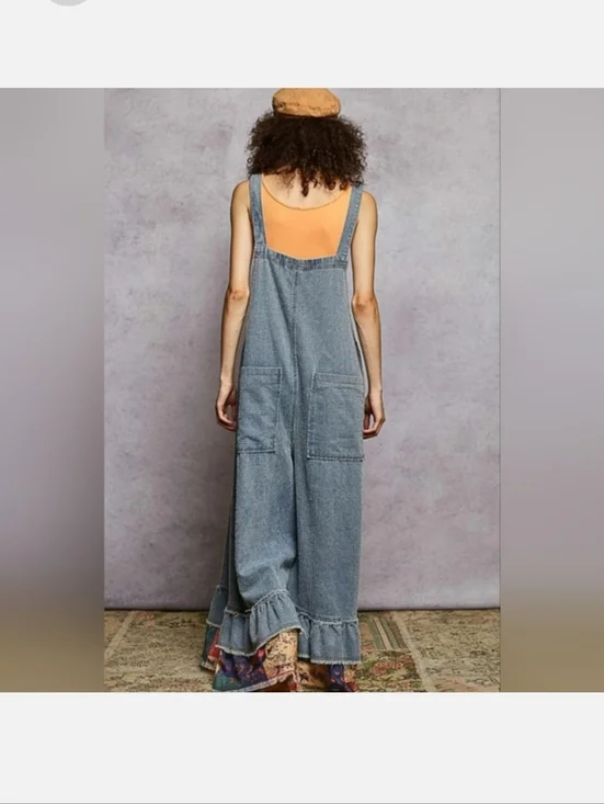 387 POL Denim Ruffled Hem Overalls with Patchwork Trim - Picture 4 of 12